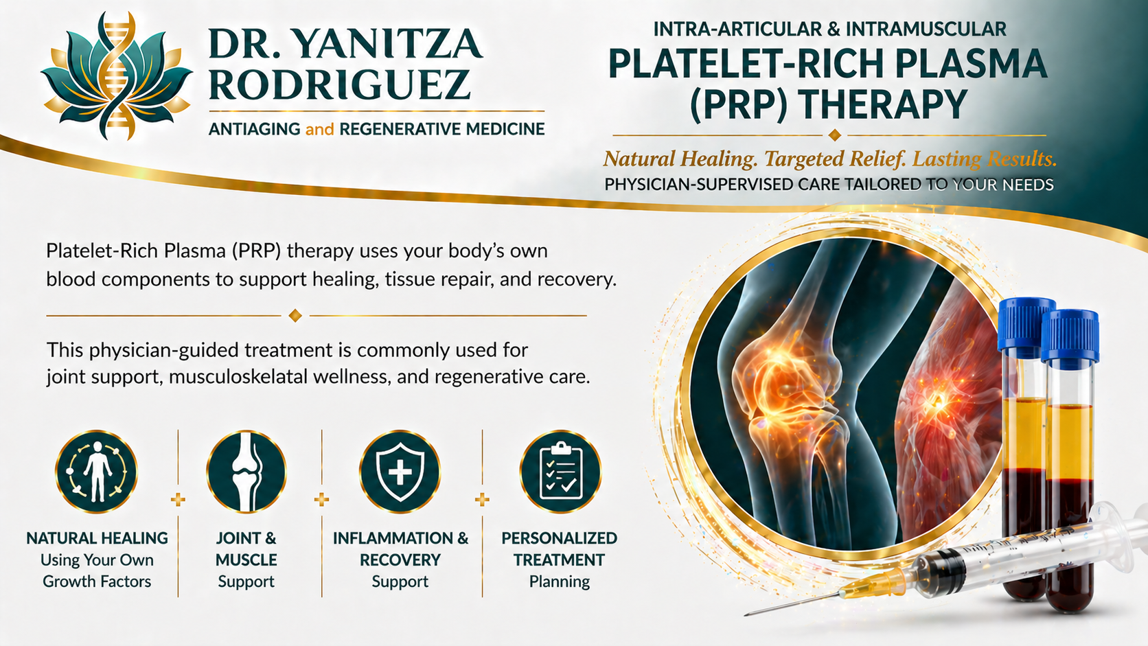 Platelet-rich plasma therapy illustration with joint and muscle support